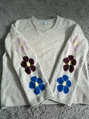 Madewell Cream Crewneck Sweater with Floral Sleeve Embroidery